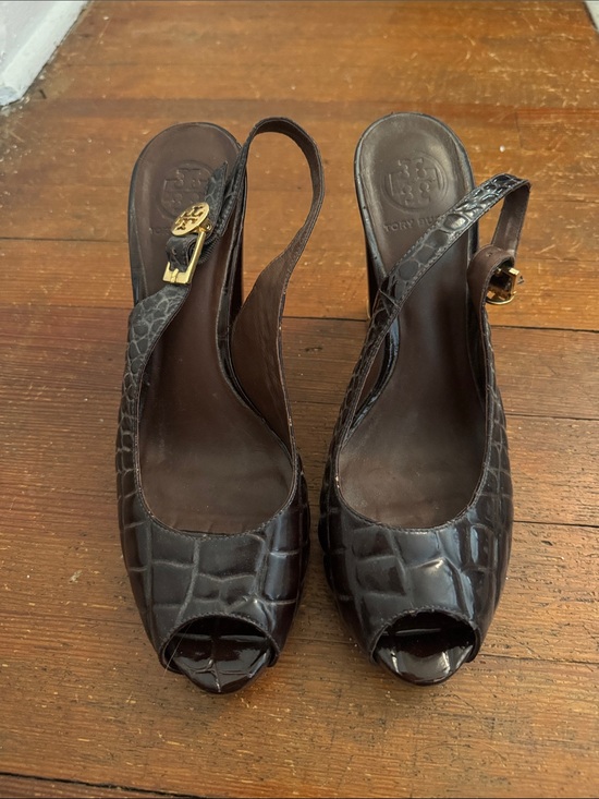 Tory Burch Shoes - Tory Burch Dark Brown Croc-Embossed Peep-Toe Slingback Heels with Gold Buckle